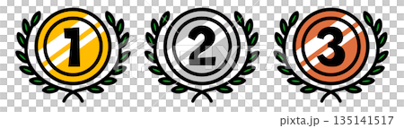 ランキングのメダルのセット。金、銀、銅。 135141517