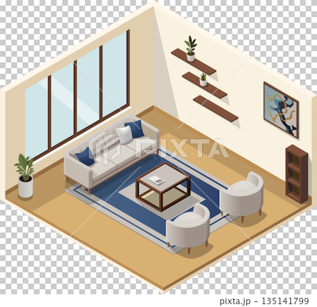 Isometric living room interior with sofa and coffee table 135141799