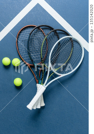 Tennis rackets and balls on blue court surface 135142020