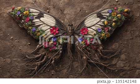 Floral Butterfly: A whimsical blend of nature and art, featuring a butterfly with wings adorned with vibrant flowers and roots on textured soil. Nature's vibrant beauty. 135142148