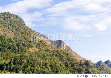 Lush green mountain slope covered in dense tropical forest under a bright blue sky with soft white clouds. Scenic natural landscape featuring a massive rocky cliff and vibrant autumn foliage accents. Lush green mountain slope covered in dense tropical forest under a bright blue sky with soft white clouds. Scenic natural landscape featuring a massive rocky cliff and vibrant autumn foliage accents. 135142312