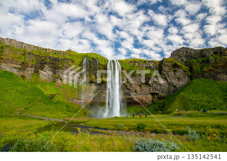 北欧の島国アイスランド共和国　セリャランズサゥ川を流れ落ちるセリャラントスフォスと青空のうろこ雲 135142541