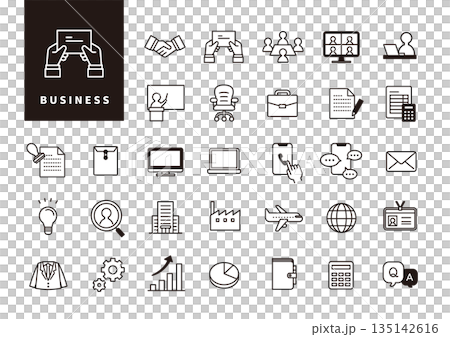 Flat icon set representing business operations and office work (work, management, communication) black line Flat icon set representing business operations and office work (work, management, communication) black line 135142616