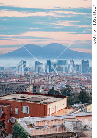 Naples cityscape with Mount Vesuvius in the background at sunrise. Capodimonte Naples cityscape with Mount Vesuvius in the background at sunrise. Capodimonte 135143017