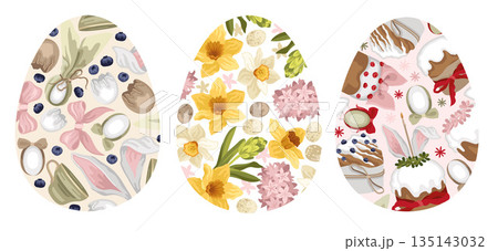 Hand-drawn Easter egg shape greeting cards with spring flowers and bird eggs, Easter cakes and dyed eggs, bow and bunny ears Hand-drawn Easter egg shape greeting cards with spring flowers and bird eggs, Easter cakes and dyed eggs, bow and bunny ears 135143032