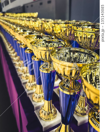 Multiple gold trophies in a row symbolize success and achievement. Multiple gold trophies in a row symbolize success and achievement. 135143085
