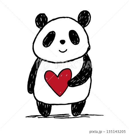 Cute panda holding red heart. Outline doodle hand drawn valentines animal character. Love concept, crayons art, vector animal icon Cute panda holding red heart. Outline doodle hand drawn valentines animal character. Love concept, crayons art, vector animal icon 135143205