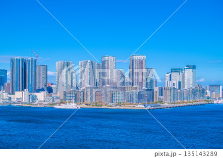 日本の東京都市景観　晴海や照洋丸、豊海地区のタワーマンションなどを望む。左奥に日本橋再開発 135143289