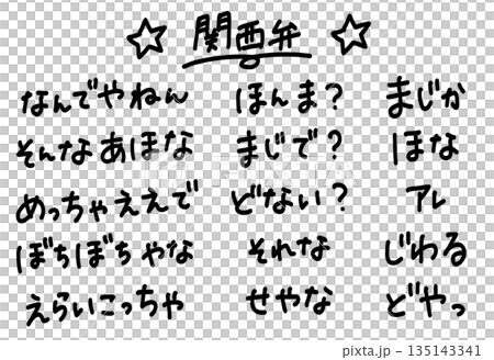 関西弁のかわいい手書き文字素材セット　なんでやねん、ぼちぼちなどのセリフ 135143341