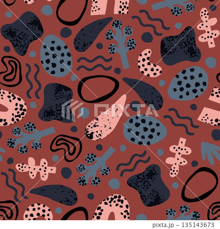Abstract figures of different colors and shapes. Doodle seamless pattern. Botanical elements. Repeated print. Scribble stones. Flat amorphous forms. Childish drawing. Vector background Abstract figures of different colors and shapes. Doodle seamless pattern. Botanical elements. Repeated print. Scribble stones. Flat amorphous forms. Childish drawing. Vector background 135143673
