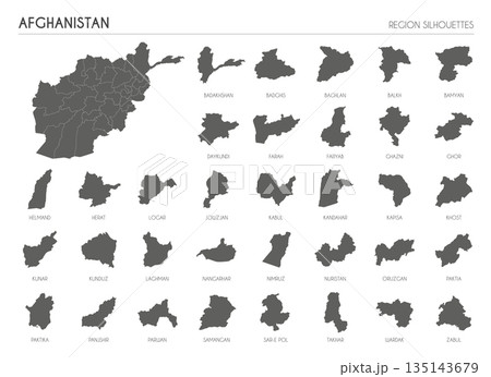 Afghanistan region silhouettes set and blank map of the country isolated on white background. Vector illustration design Afghanistan region silhouettes set and blank map of the country isolated on white background. Vector illustration design 135143679