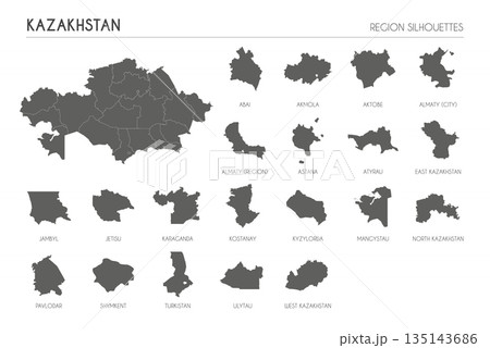 Kazakhstan region silhouettes set and blank map of the country isolated on white background. Vector illustration design 135143686