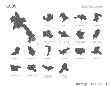 Laos region silhouettes set and blank map of the country isolated on white background. Vector illustration design 135143691
