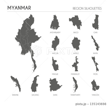 Myanmar region silhouettes set and blank map of the country isolated on white background. Vector illustration design 135143698