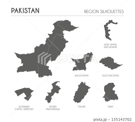 Pakistan region silhouettes set and blank map of the country isolated on white background. Vector illustration design 135143702