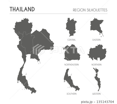 Thailand region silhouettes set and blank map of the country isolated on white background. Vector illustration design Thailand region silhouettes set and blank map of the country isolated on white background. Vector illustration design 135143704