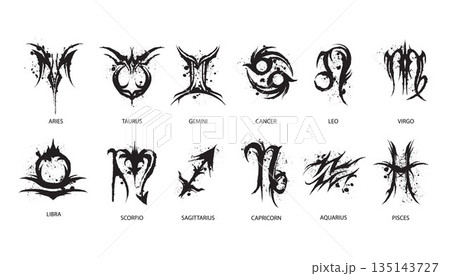Horoscope zodiac sign set vector dark Neo tribal astrology symbol celestial grunge splash tattoo art Horoscope zodiac sign set vector dark Neo tribal astrology symbol celestial grunge splash tattoo art 135143727