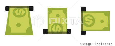 Dollar bill inserted into cash acceptor of ATM or banking terminal. Put green banknote into slot of vending machine. Financial machine receiver. Cash withdraw. Money payments vector set 135143737