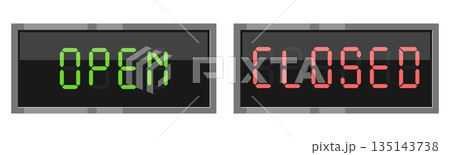 Electronic board with text open and closed. Come word. Letter panel. Digital display frame. Information signboard. Welcome notice. Diode font. Door label. Vector electric screen words set Electronic board with text open and closed. Come word. Letter panel. Digital display frame. Information signboard. Welcome notice. Diode font. Door label. Vector electric screen words set 135143738