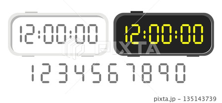 Electronic clock with white and black screen and electronic numbers. Touchscreen symbols. Timepiece interface. Watch display with minute signs. Time countdown. Vector timer dial digits set 135143739