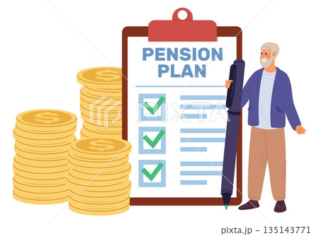 Satisfied elderly man who has fulfilled his retirement savings plan. Pensioner fund. Old man has secured comfortable old age for himself. Completed pension strategy. Vector concept Satisfied elderly man who has fulfilled his retirement savings plan. Pensioner fund. Old man has secured comfortable old age for himself. Completed pension strategy. Vector concept 135143771