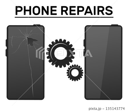 Smartphone with broken screen and repaired phone. Advertising repair workshop. Gear sign. Shattered touchscreen with fissures. Cellphone maintenance fixing service. Vector banner design Smartphone with broken screen and repaired phone. Advertising repair workshop. Gear sign. Shattered touchscreen with fissures. Cellphone maintenance fixing service. Vector banner design 135143774