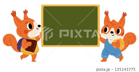 Two cartoon squirrels with backpacks and school notebooks holding green school board. Animals show chalkboard. Students study in classroom. Mammals carry class whiteboard. Vector concept Two cartoon squirrels with backpacks and school notebooks holding green school board. Animals show chalkboard. Students study in classroom. Mammals carry class whiteboard. Vector concept 135143775