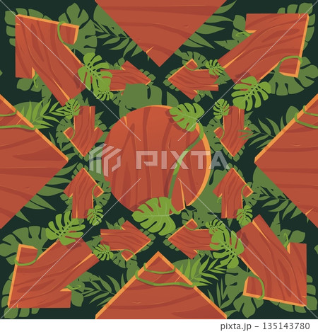 Wooden signs and pointers overgrown with tropical plants and vines seamless pattern. Jungle forest guidepost. Repeated print. Wood arrows. Directional timber signboard. Vector background Wooden signs and pointers overgrown with tropical plants and vines seamless pattern. Jungle forest guidepost. Repeated print. Wood arrows. Directional timber signboard. Vector background 135143780