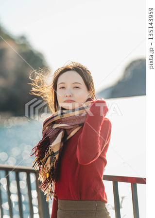冬の海辺で景色を眺める女性 冬の海辺で景色を眺める女性 135143959