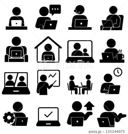在宅ワークとビジネス業務を表す人物アイコンセット 135144075