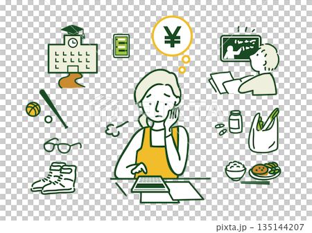 子育てにかかる教育費などの家計負担に悩むお母さん 135144207