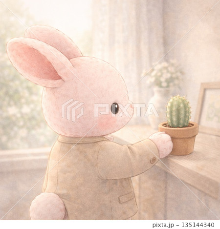 サボテンを飾るうさぎ｜ピンクのウサギ Generative AI 135144340