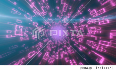 Vibrant pink digital tunnel with glowing geometric frames streaming toward a bright neon core 135144471