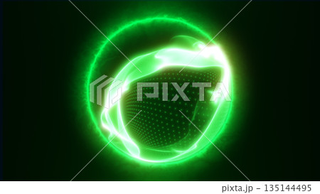Abstract glowing green energy sphere with flowing plasma waves and digital particle texture, symbolizing technology, power, and futuristic energy Abstract glowing green energy sphere with flowing plasma waves and digital particle texture, symbolizing technology, power, and futuristic energy 135144495