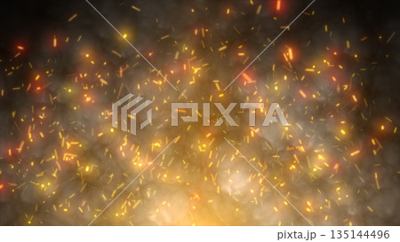 Glowing embers floating in a warm golden mist, creating a dynamic fiery atmosphere Glowing embers floating in a warm golden mist, creating a dynamic fiery atmosphere 135144496