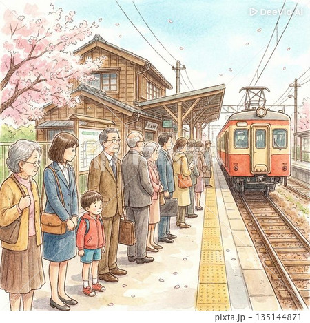 駅のホームで電車を待つ人々 135144871