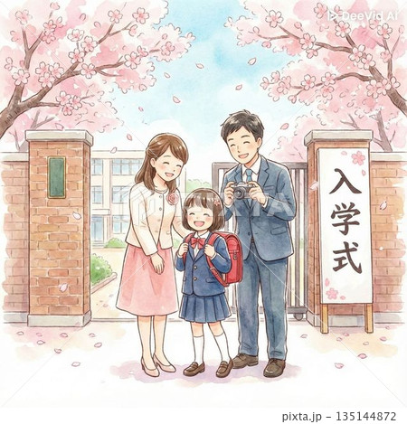 小学校入学式の日、校門前で写真を撮る親子3人 135144872