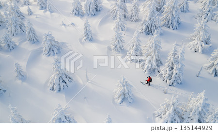 Beautiful Winter Mountain Scenery with Man on Cross-Country Skis , Aerial View Beautiful Winter Mountain Scenery with Man on Cross-Country Skis , Aerial View 135144929