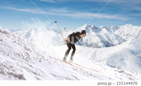 Dynamic artwork of woman skiing downhill with snow spray on slope. 135144970