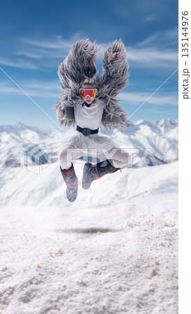 Expressive artwork of woman jumping in snow wearing furry winter outfit. Expressive artwork of woman jumping in snow wearing furry winter outfit. 135144976