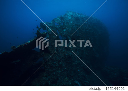 Underwater deep view with wreck ship in Bali island Underwater deep view with wreck ship in Bali island 135144991