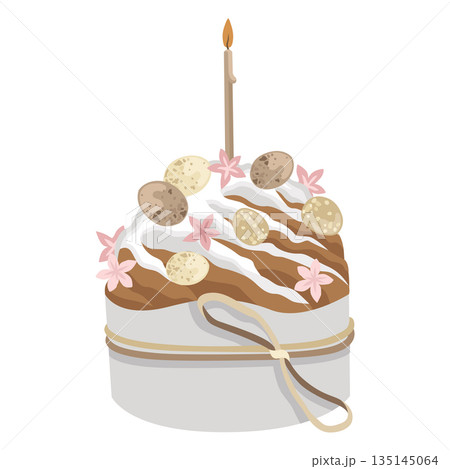 Hand-drawn Easter cake composition with bird eggs, bow and candle, Easter greeting card design Hand-drawn Easter cake composition with bird eggs, bow and candle, Easter greeting card design 135145064