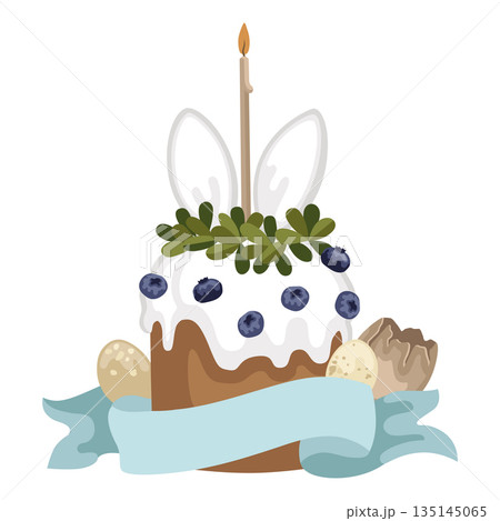 Hand-drawn Easter cake composition with bird eggs, cracked eggshell and ribbon with place for a text, Easter greeting card design Hand-drawn Easter cake composition with bird eggs, cracked eggshell and ribbon with place for a text, Easter greeting card design 135145065