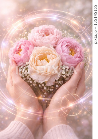 Gentle Hands Holding a Magical Garden Bouquet with Glowing Aura 135145155