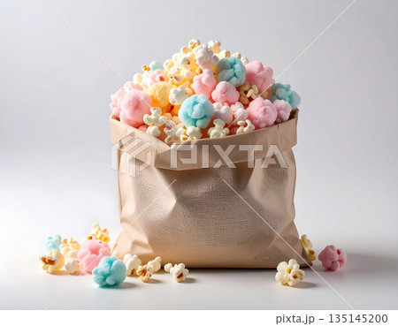Brand friendly. Bright food for movie theaters. Popcorn and cotton candy in a paper bag. 135145200
