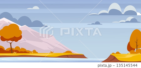 Autumn landscape with river, trees and bushes on bank and mountains. Orange foliage. Lake shore. Rock peaks and clouds. Scenic wild nature scenery. Countryside panorama. Vector background Autumn landscape with river, trees and bushes on bank and mountains. Orange foliage. Lake shore. Rock peaks and clouds. Scenic wild nature scenery. Countryside panorama. Vector background 135145544
