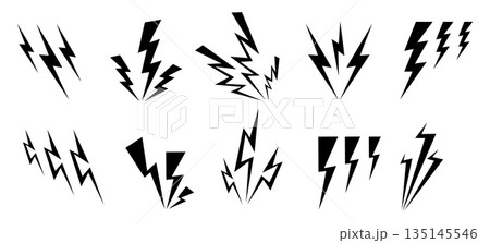 Black lightning bolt icons. Thunderbolt symbols. Electric strikes. Energy charge. Various designs flashes. Thunderstorm blasts. Silhouette power signs vector set on white background 135145546