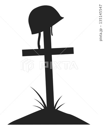 Cross with soldier helmet hanging from it. Warrior grave. Battlefield memorial. Hardhat on tombstone. Military graveyard. Combat remembrance. Black silhouette headstone. Vector concept 135145547