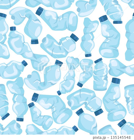 Crumpled and flattened plastic bottles seamless pattern. Crushed containers. Drinking liquid. Repeated print. Empty compressed disposable flasks. Package recycling. Vector background Crumpled and flattened plastic bottles seamless pattern. Crushed containers. Drinking liquid. Repeated print. Empty compressed disposable flasks. Package recycling. Vector background 135145548