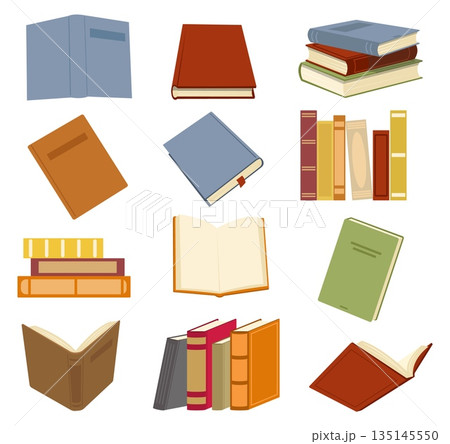 Different books. Open and stacked textbooks. Literature read. Wisdom and knowledge publication. Hardcover fiction novel. Educational encyclopedia. Library or bookstore elements vector set 135145550
